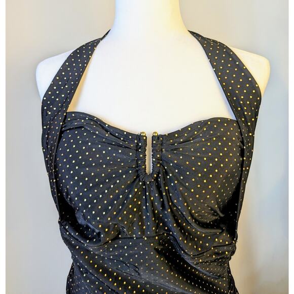 NEW Pure Energy One Piece Swimsuit 20W Black Ebony w/ Gold Pindot Halter Tie - Picture 3 of 11